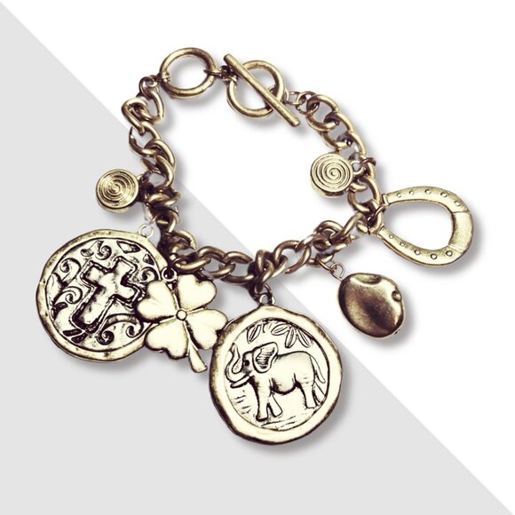Lucky Charms Toggle Elephant Cross Stone Horseshoe Shamrock Charm Gold Bracelet - Picture 1 of 3